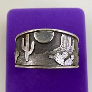 💛 Vintage Sterling Story Teller Cactus & Desert Scene Bracelet | Southwestern